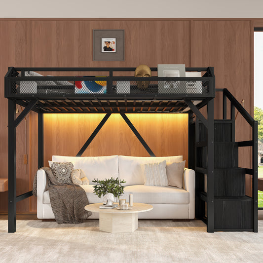 Twin XL Loft Bed with Storage Stairs - Black+natural - primary color shot
