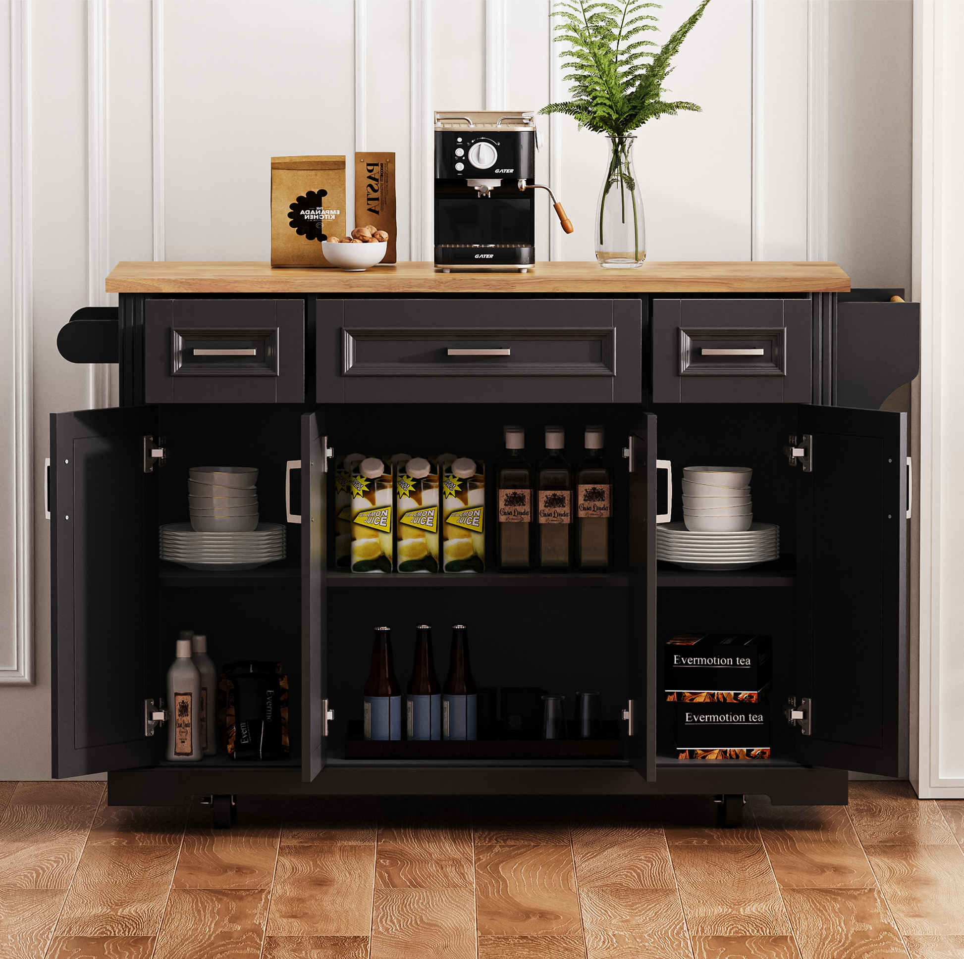K&k 54" Large Kitchen Island with Rubber Wood Drop Leaf - Black - detail view 2