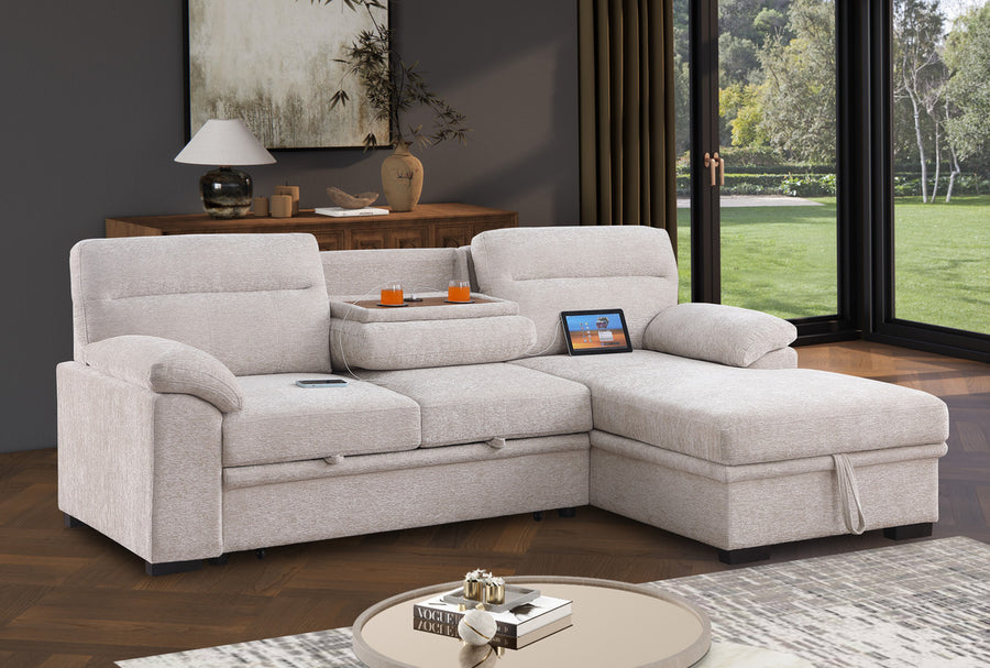 Kipling II 94-inch Beige Chenille Fabric Sleeper Sectional Sofa with Right-Facing Storage Chaise – L-Shaped Pull-Out Bed, Drop-Down Console with USB Ports - primary color shot