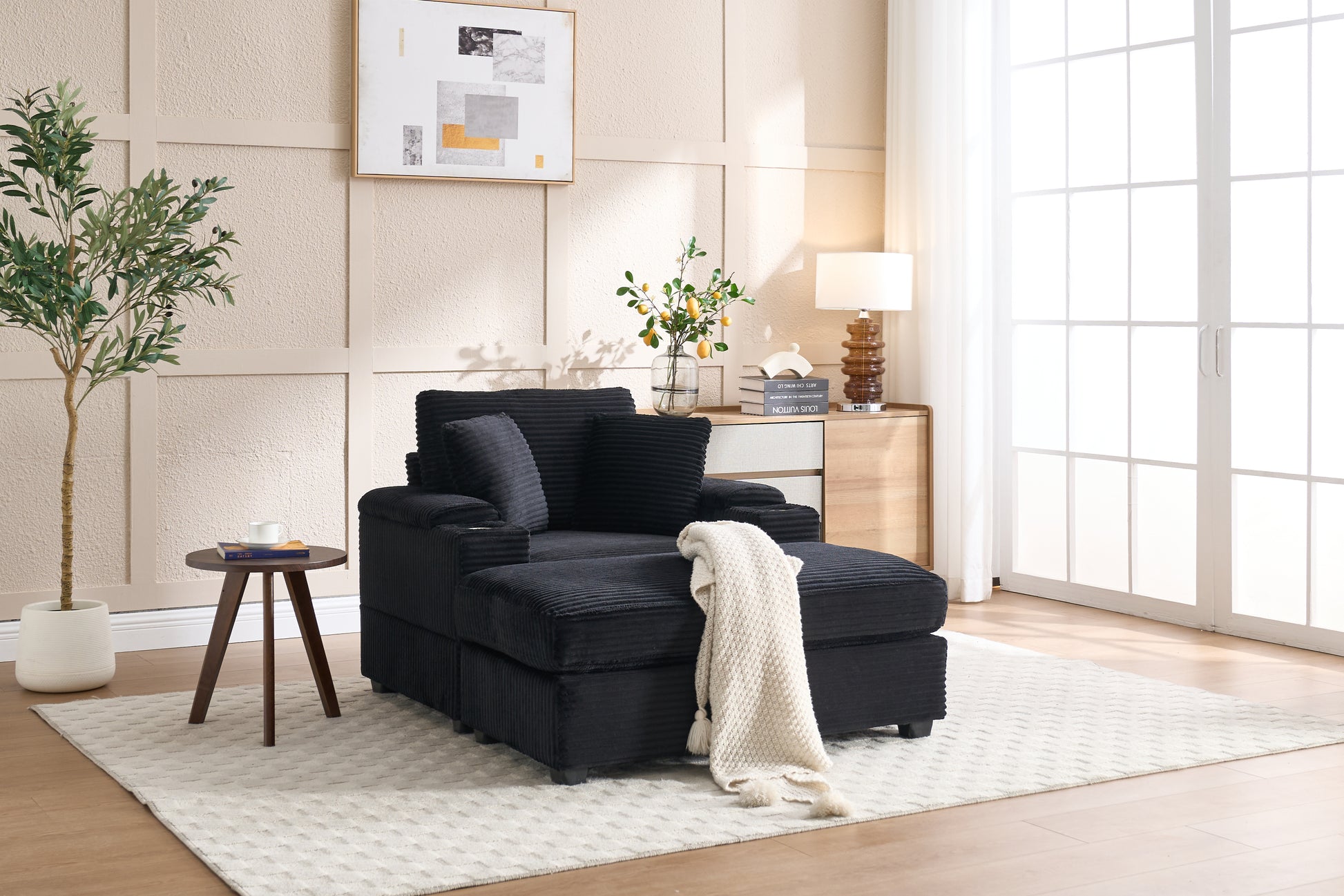 [video/new]corduroy Upholstered Chaise Lounge Sofa with Handrail Storage - Black - primary color shot