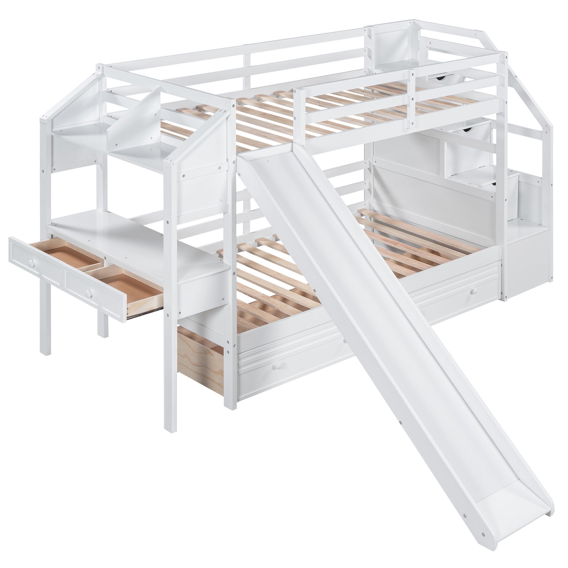Foster Twin Bunk Bed with Desk & Slide, White
