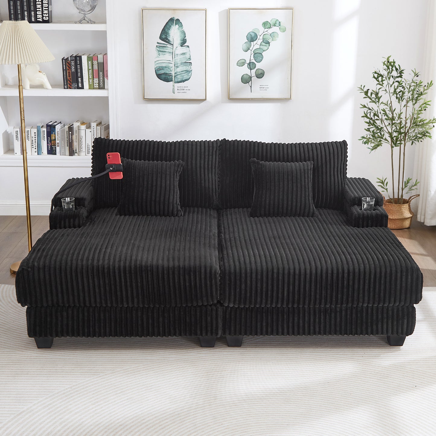 Modern Black Chaise Sofa 75.5' with Adjustable Backrest - detail view 5