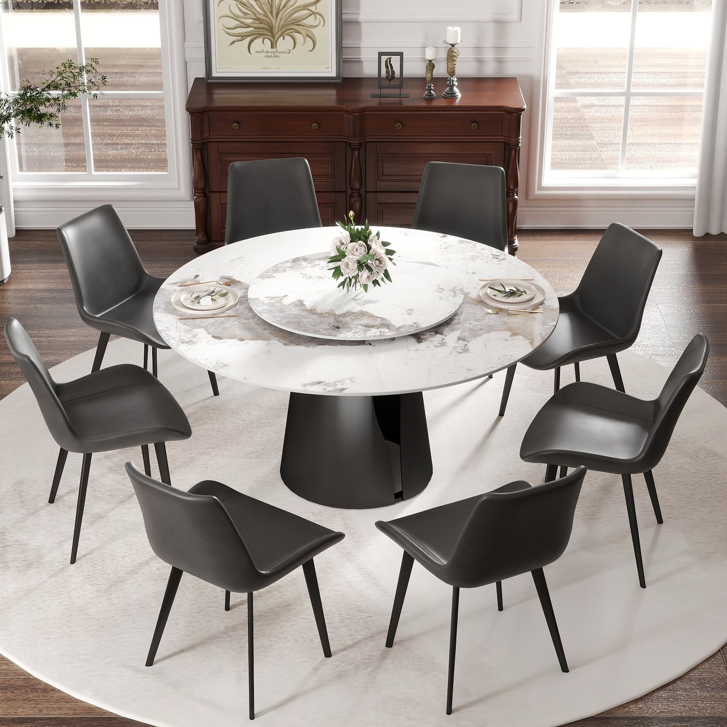 59" Modern Artificial Stone Round Black Carbon Steel Base Dining Table-Can Accommodate 6-8 People - White - detail view 2