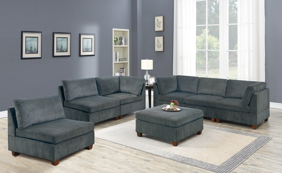 Living Room Furniture Gray Chenille Modular Sectional 7pc Set Modular Sofa Set Couch 3x Corner Wedge 3x Armless Chairs and 1x Ottoman - primary image