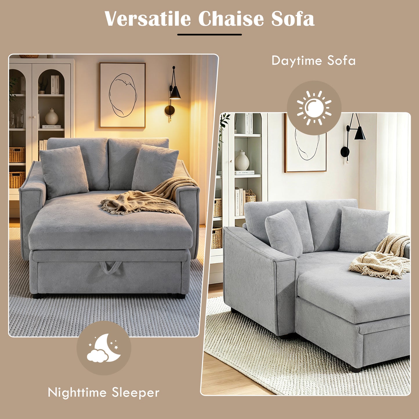 Modern Chaise Sofa 53.5' Grey Snowflake Velvet Sofa Bed with Hidden Storage & Pillows - detail view 7