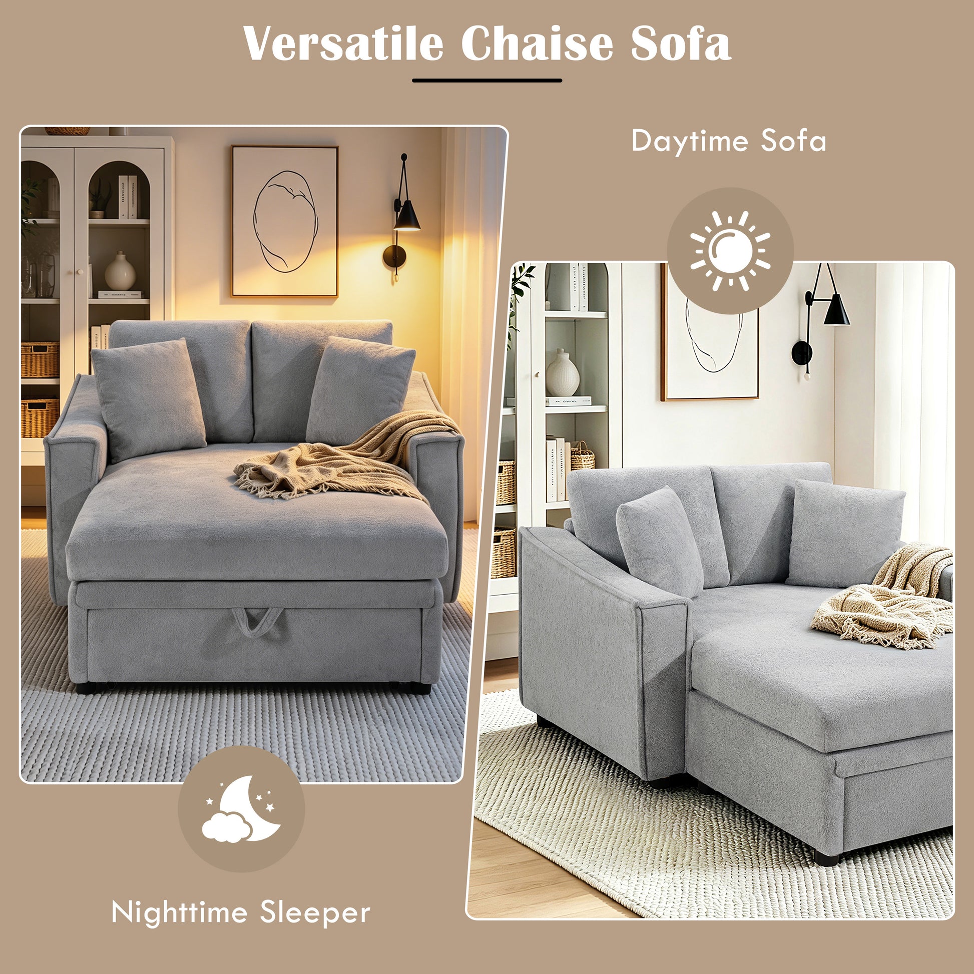Modern Chaise Sofa 53.5' Grey Snowflake Velvet Sofa Bed with Hidden Storage & Pillows - detail view 7