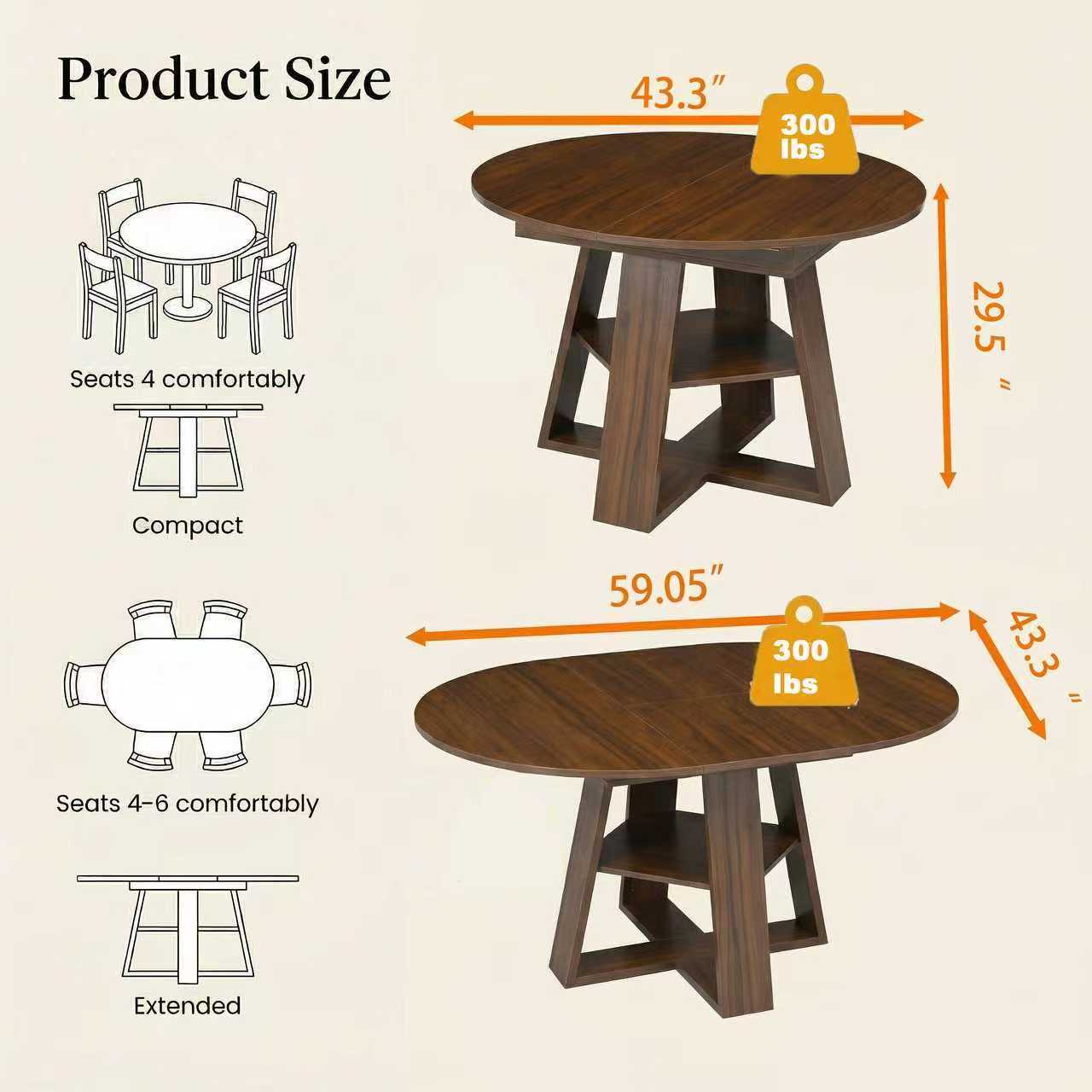 43" -59" Extendable Round Dining Table for 4-8 - Walnut - detail view 6