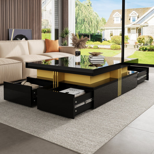 Modern Glossy Square Storage Coffee Table with 4 Drawers, 43.3', Black