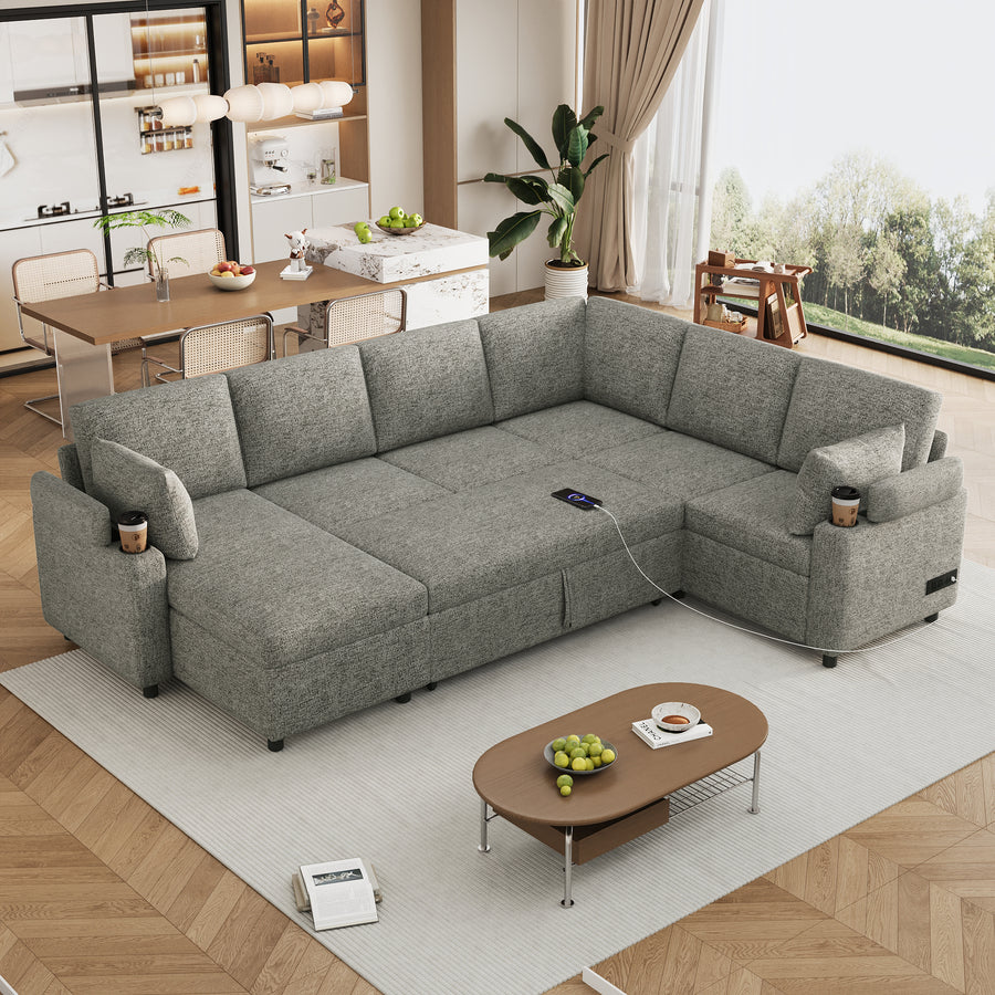 Versatile Light Grey Chenille Sectional Sofa Bed with Storage, Cup Holders & Charging Ports, 109.9' - detail view 2