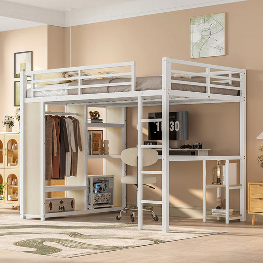 Queen Size Loft Bed Frame with Built-in Wardrobe - White Straight Grain - primary color shot