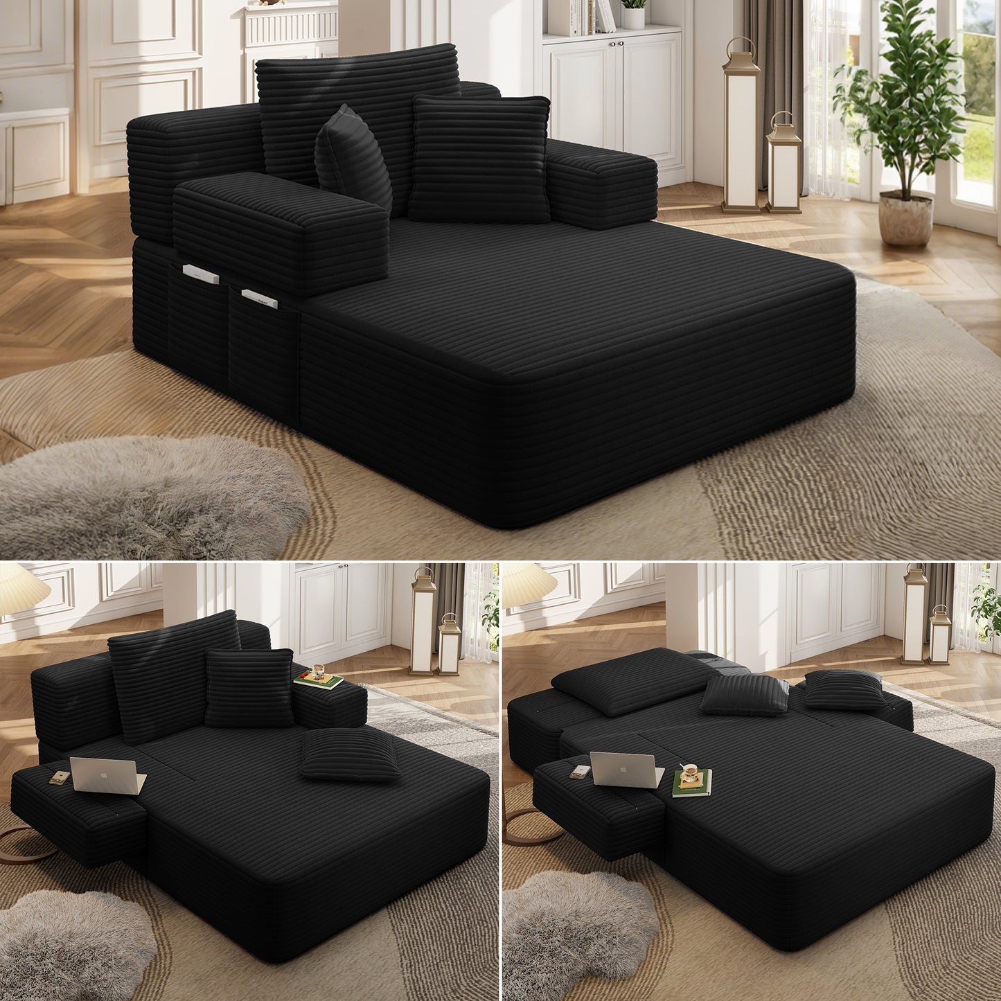 Luxurious Plush Corduroy Chaise Lounge with 3 Pillows - Black - primary color shot