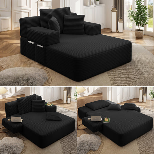 Luxurious Plush Corduroy Chaise Lounge with 3 Pillows - Black - primary color shot
