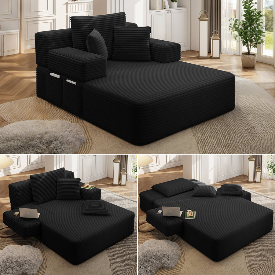 Luxurious Plush Corduroy Chaise Lounge with 3 Pillows - Black - primary color shot