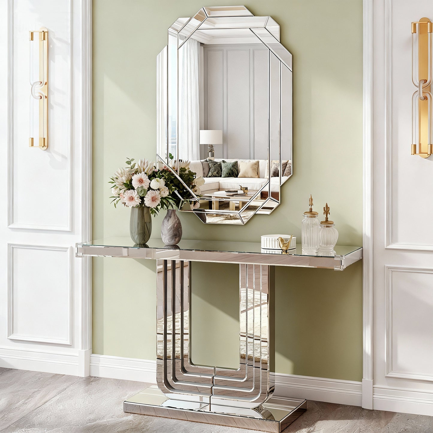 Silver Mirrored Console Table with U-Shape Base