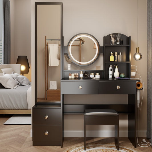 Claudette Bedroom Vanity Set with Full Size & Round Mirror