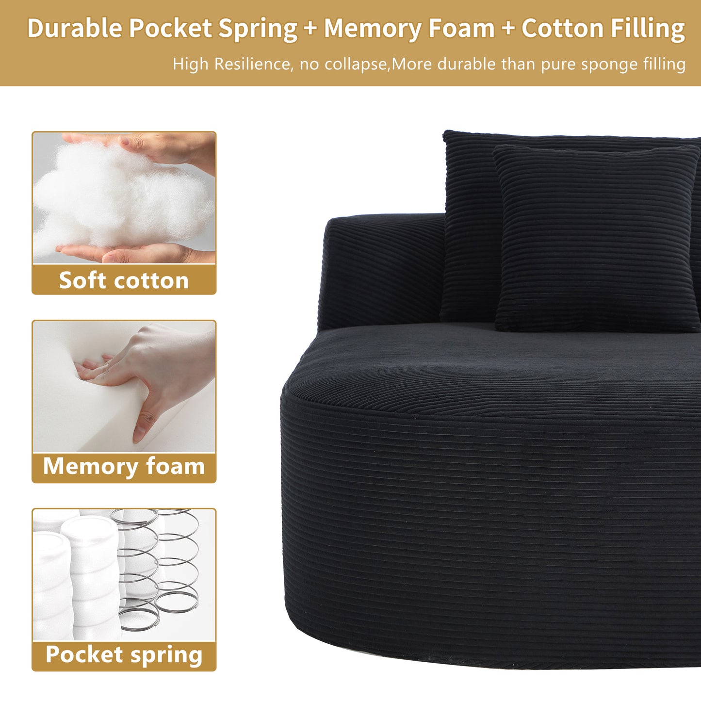68" Chaise Lounge Chair 46'' Wide Seat Indoor Corduroy Oversized Sleeper Sofa - Black - detail view 6