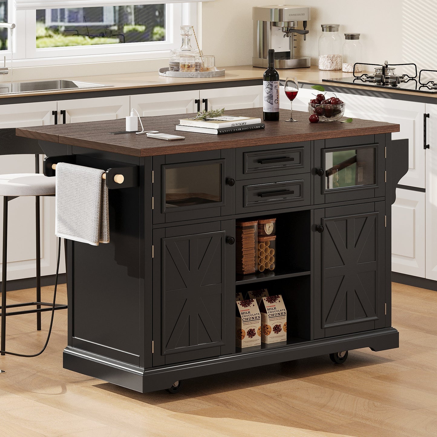 K&k 54.9' Kitchen Island with Drop Leaf - Black - detail view 2