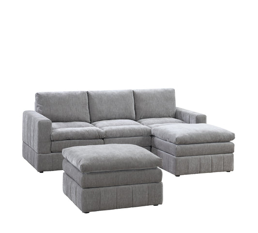 Contemporary 5pc Set Modular Sectional Set 2x One Arm Chair / Wedge 1x Armless Chair 2x Ottoman Granite Color Morgan Fabric Plush - detail view 2