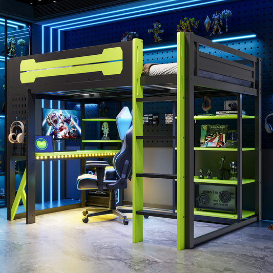 Full Size Wood Loft Bed with Desk - Black+green - primary color shot