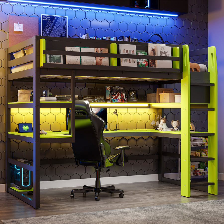 Twin Size Wood Loft Bed with Desk - Green - primary color shot
