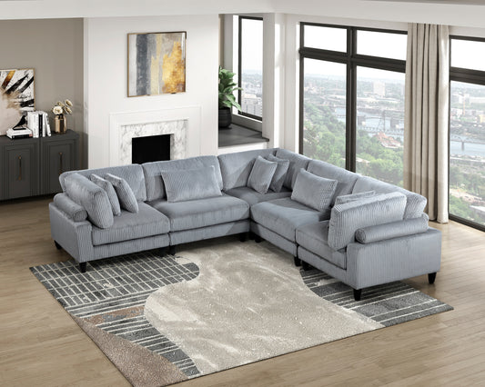 5pc Modular Sectional Set Gray Corduroy Upholstery 2x Armless Chairs 3x Corner Seats Soft Pillows Living Room Furniture - primary image