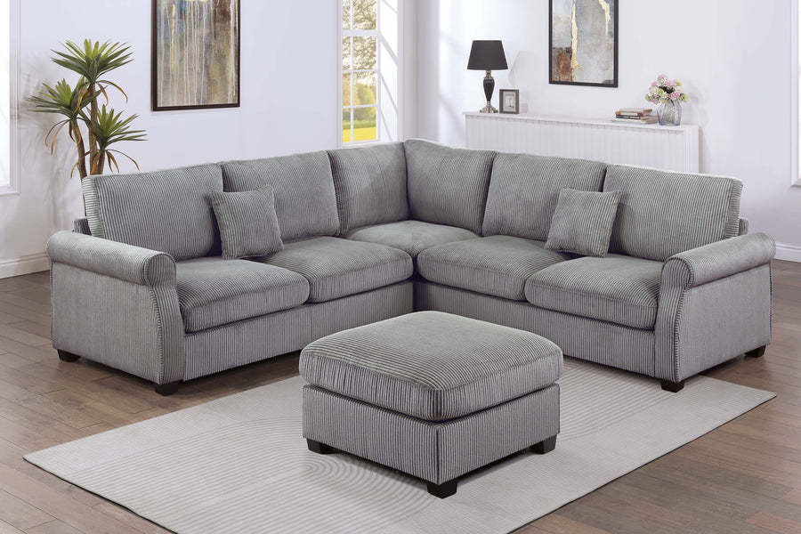4pc Sectional Set Matching Pillow Cocktail Ottoman Corner Wedge Right And Left Arm Loveseat Corduroy Upholstered Fog Finish Primary Living Room - primary color shot