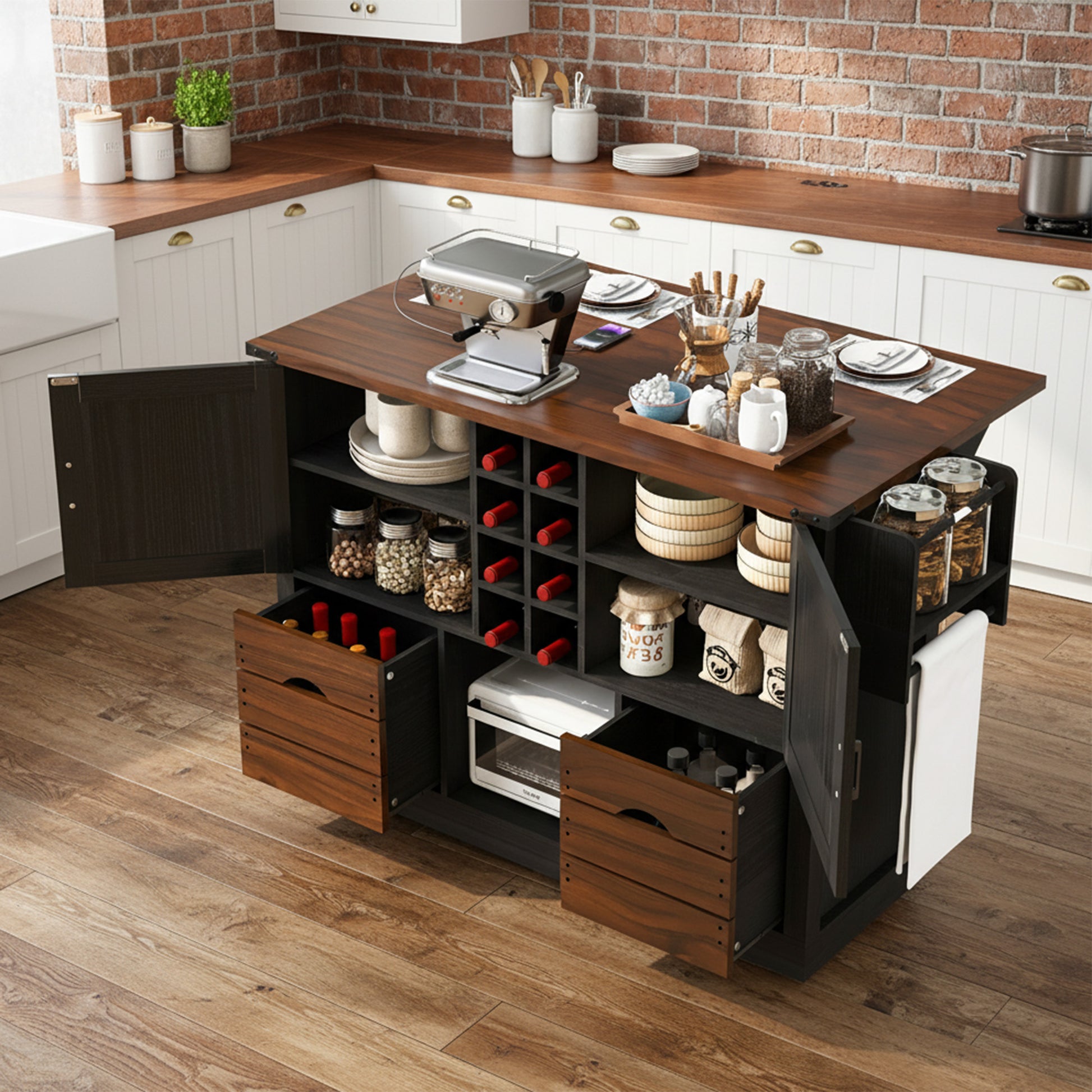 K&k 54' Farmhouse Kitchen Island with Drop Leaf - Black - detail view 3