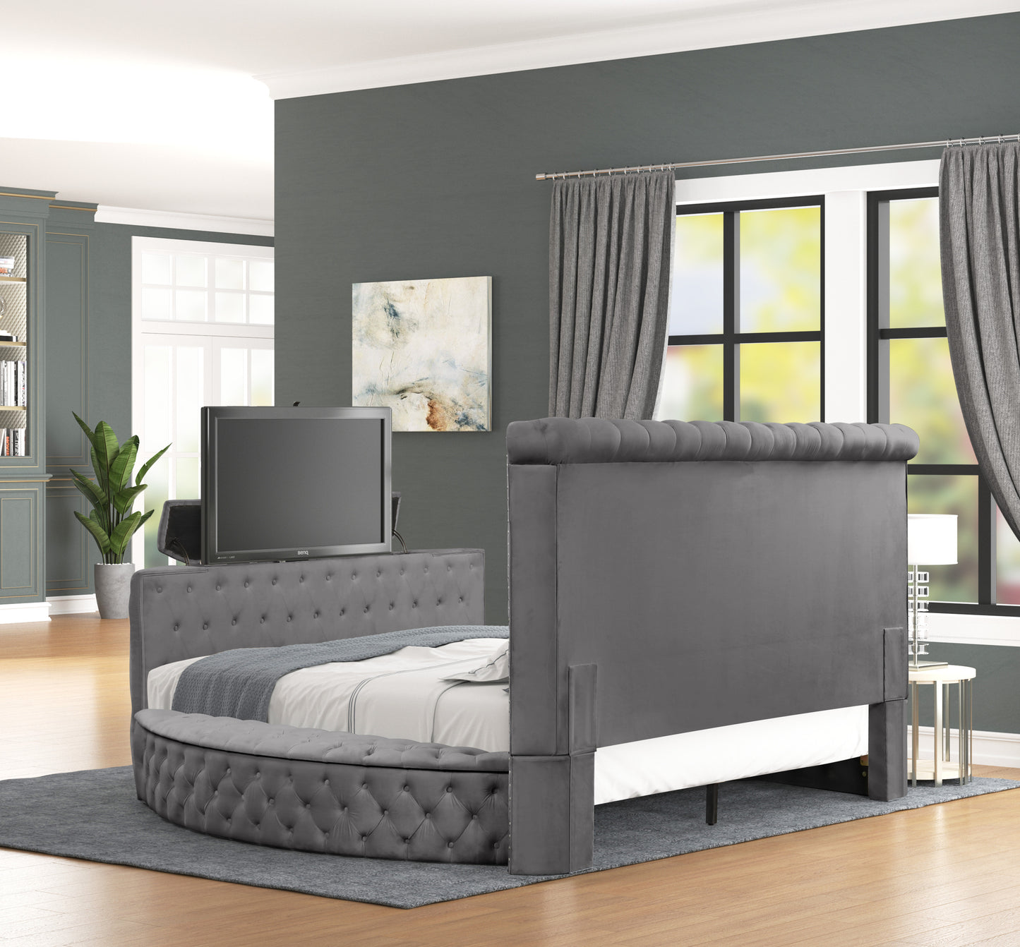 Maya Modern Style Crystal Tufted Queen Bed Made with wood in Gray