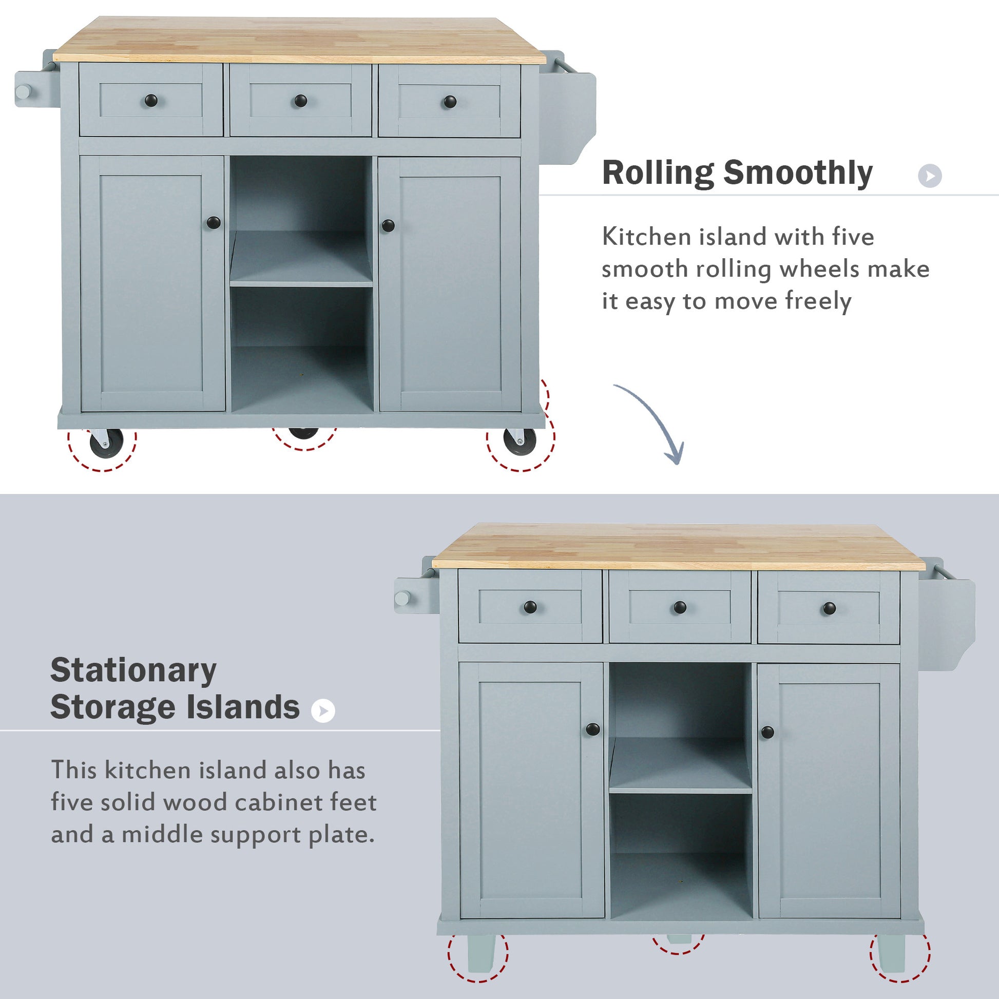 Kitchen Cart with Rubber Wood Drop-Leaf Countertop - Blue - detail view 7