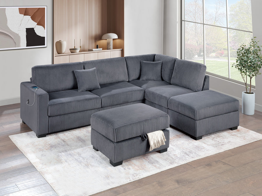 Dark Gray Wide Welt Corduroy Sectional Sofa Reversible Chaise Sofa w USB Storage Ottoman Upholstered Couch Pillows 3pc Set - primary color shot