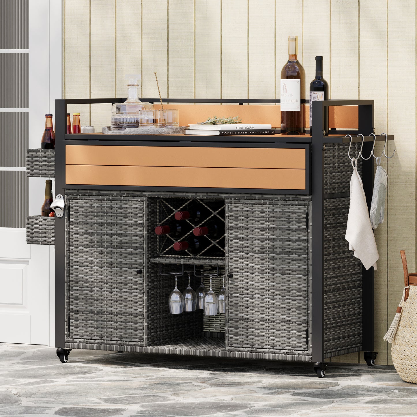 K&k 52.8'w Wicker Outdoor Grill Cart with Extended Plastic Wood Table Top - Grey - detail view 3