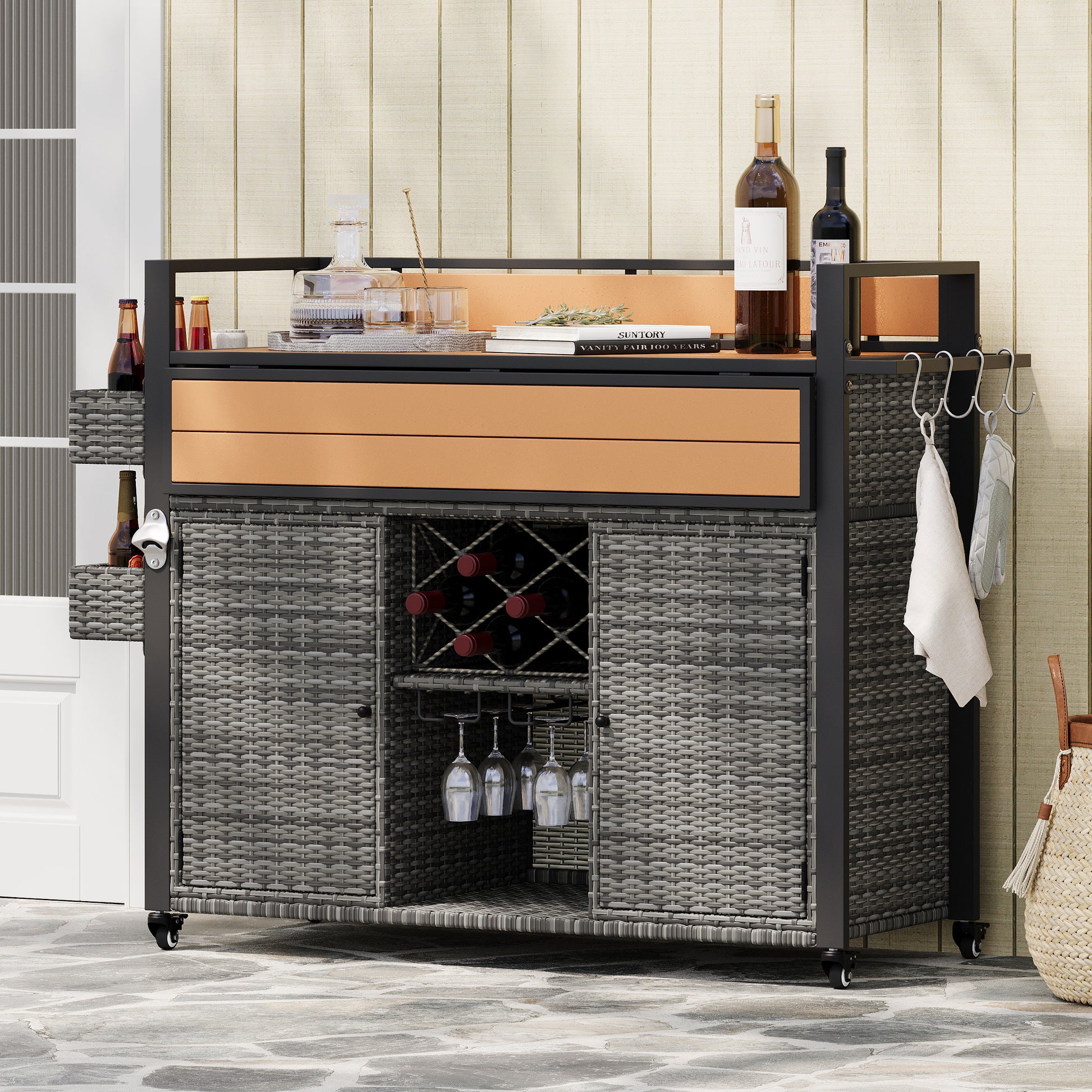 K&k 52.8'w Wicker Outdoor Grill Cart with Extended Plastic Wood Table Top - Grey - detail view 3