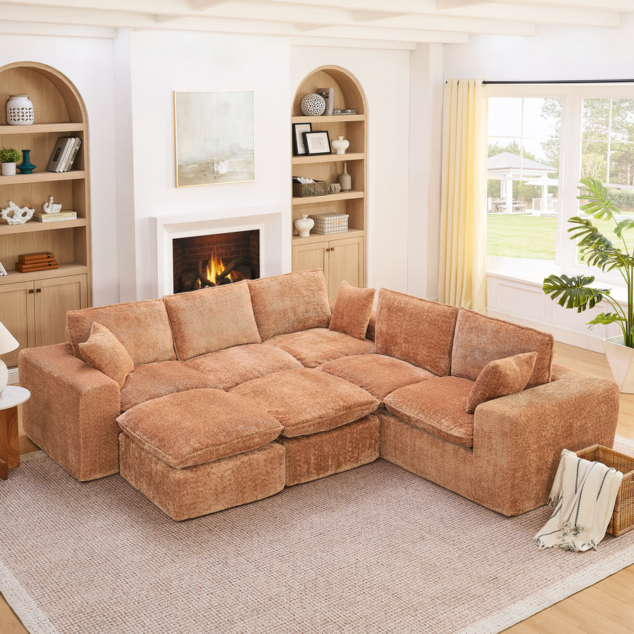 Modern Orange Boucle L-Shaped Sectional Sofa with Two Moveable Ottomans, Cloud-Like Comfort Couch with Pillows, DIY Modular Design - detail view 2
