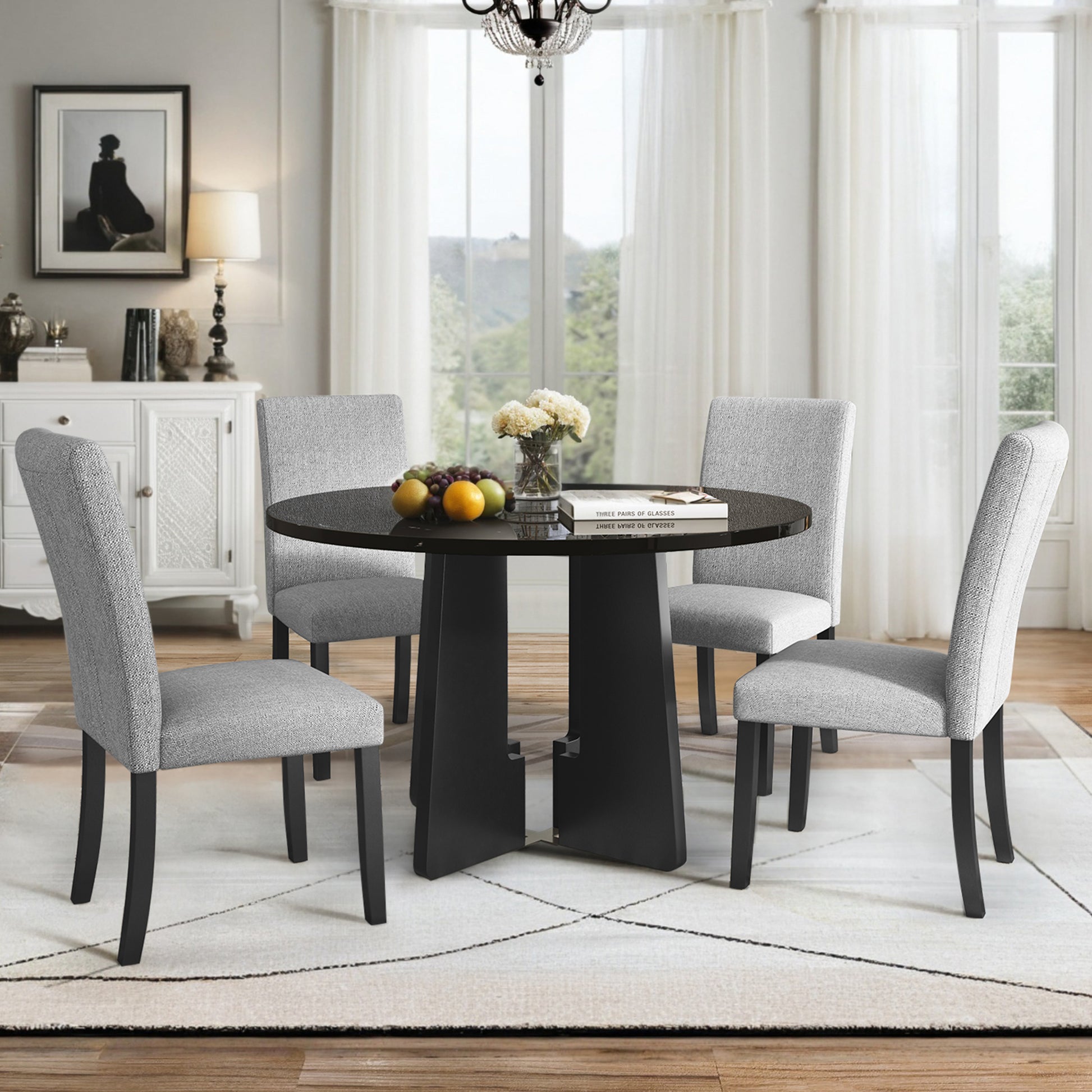 5-Piece Round Dining Table Set - Grey+black - detail view 2