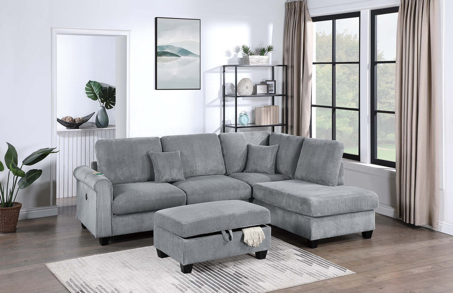 Contemporary Style 3pc Sectional Set Right Arm Chaise Left Arm Sofa w/ USB Port Storage Ottoman Throw Pillow Wooden Legs Fog Finish - primary color shot