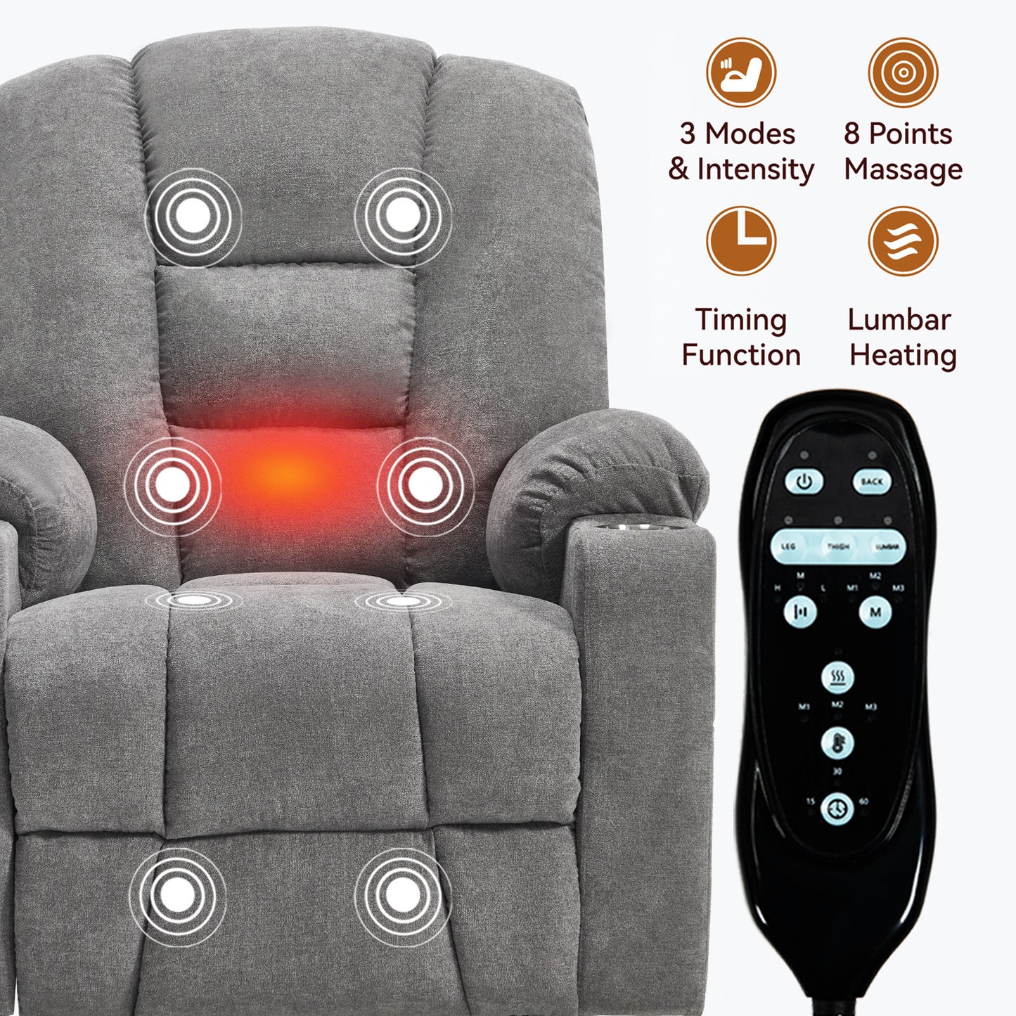 Power Lift Recliner Chair with Massage and Heat for Elderly - Light Gray - detail view 7