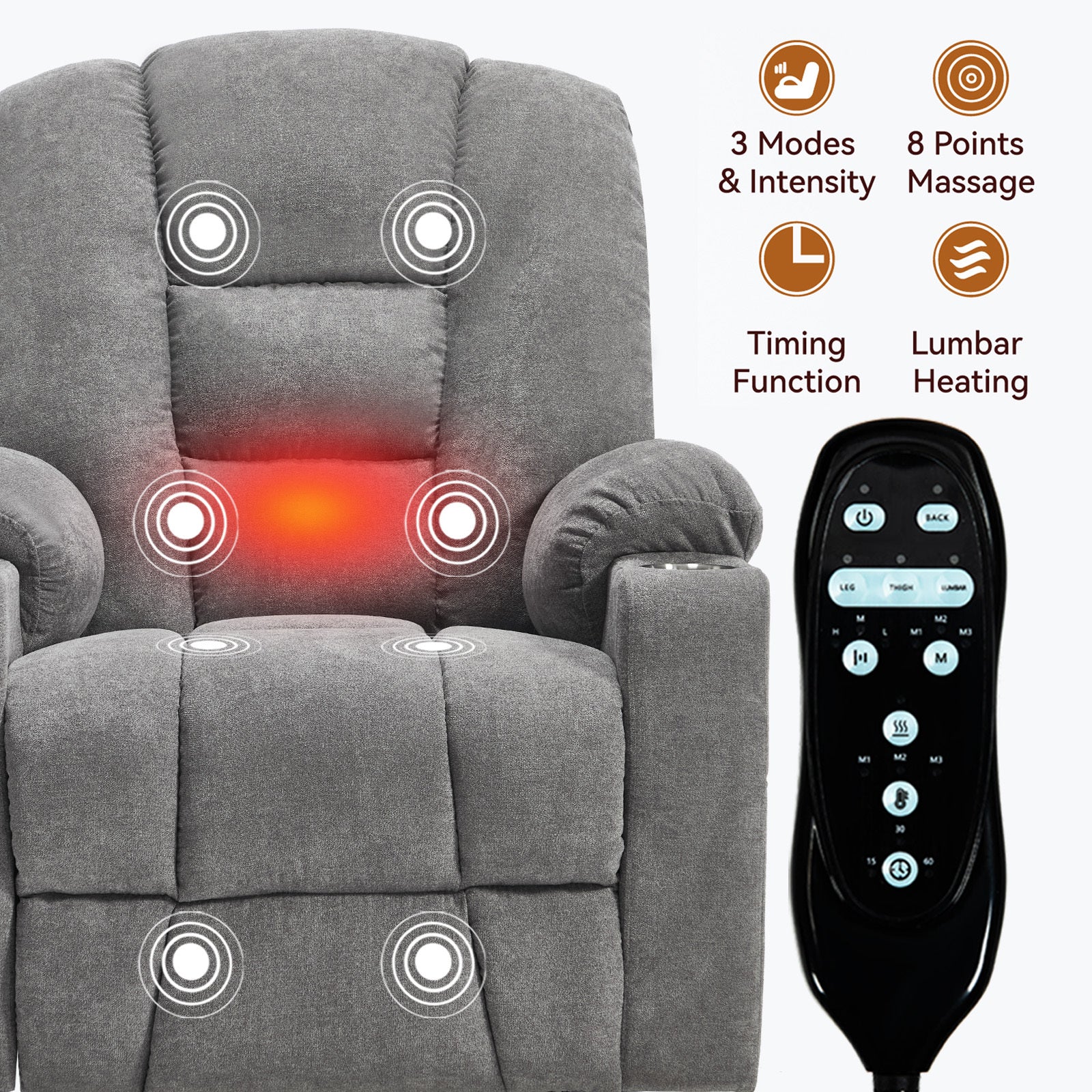 Power Lift Recliner Chair with Massage and Heat for Elderly - Light Gray - detail view 7