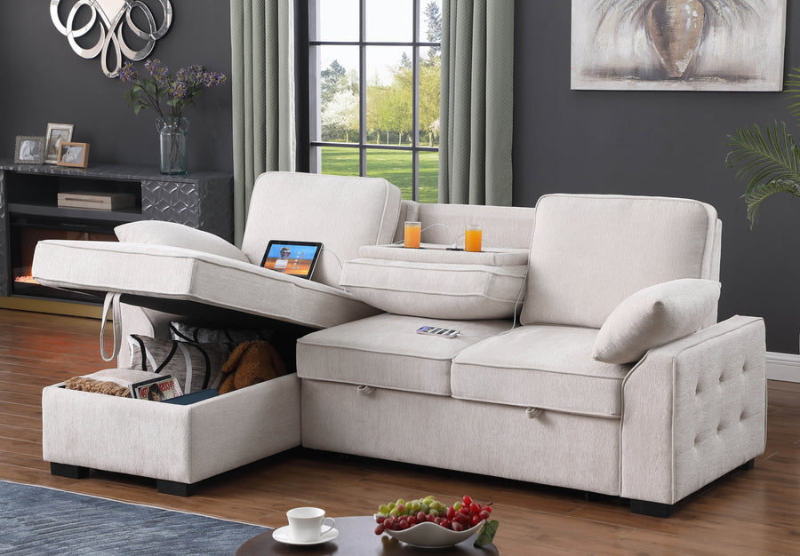 Mackenzie 91'W Beige Chenille Fabric Reversible Sleeper Sectional with Storage Chaise, Drop-Down Table, Cup Holders and Charging Ports - primary color shot
