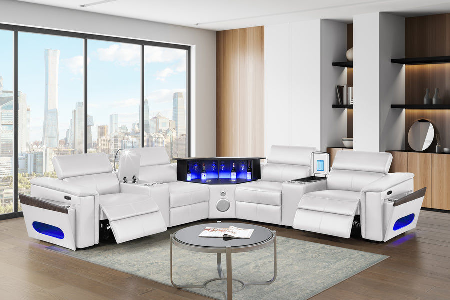 Nova Modern Style Sectional with 2 Consoles (Reading Light + Fridge), Wedge with Bluetooth speaker, LED and Lifting wine cabinet - White - primary image