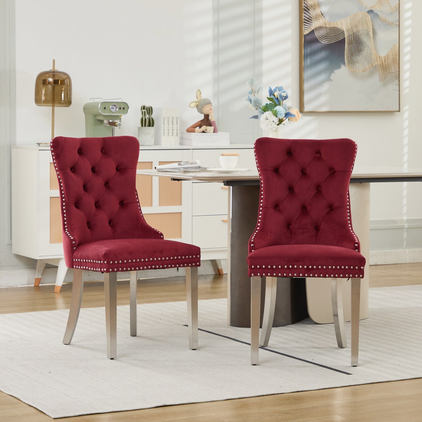 WINE RED Velvet Tufted Nailhead Trim Dining Chairs with Brushed Silver Legs (Set of 2)