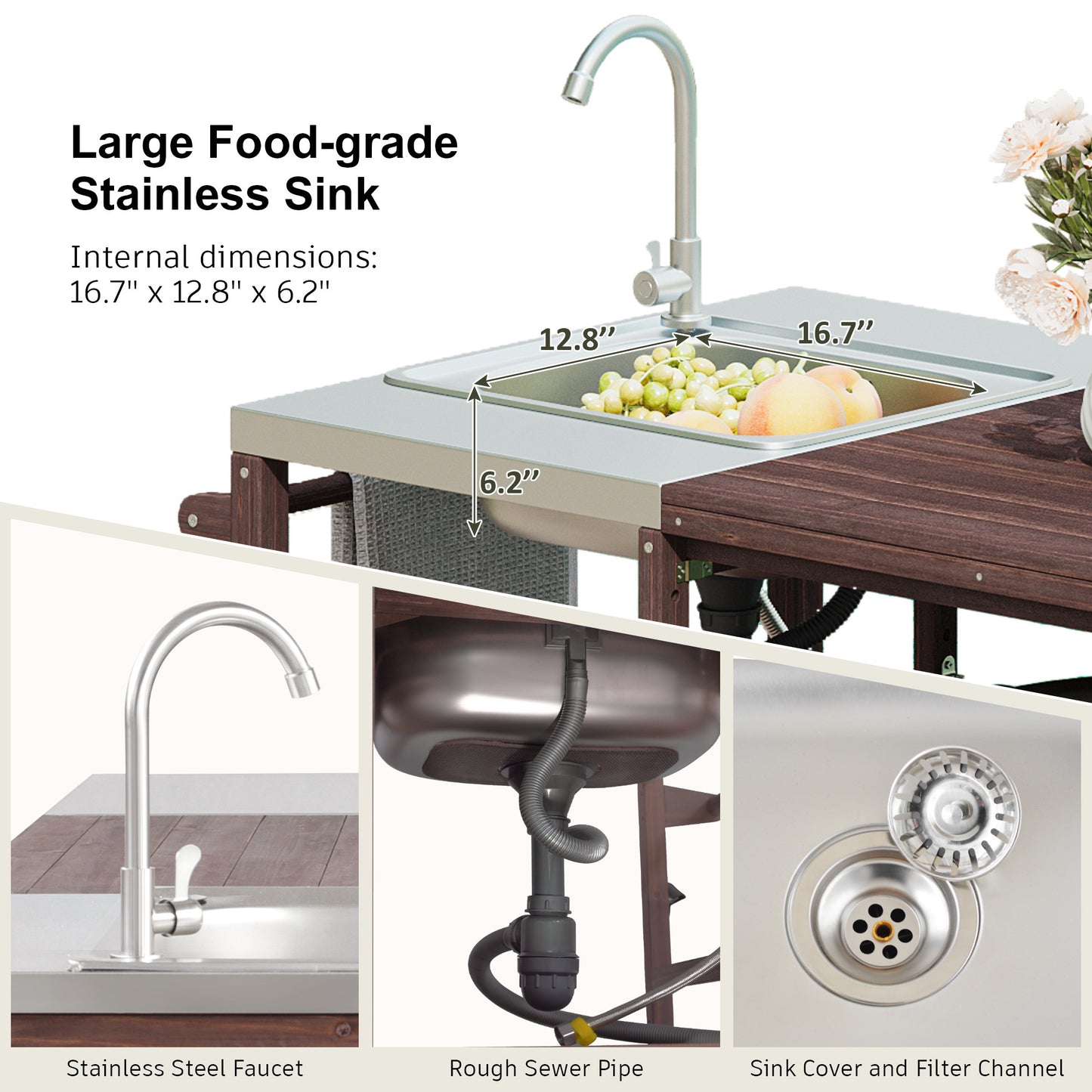 K&k 75.4' Outdoor Kitchen Island with Sink - Brown - detail view 5