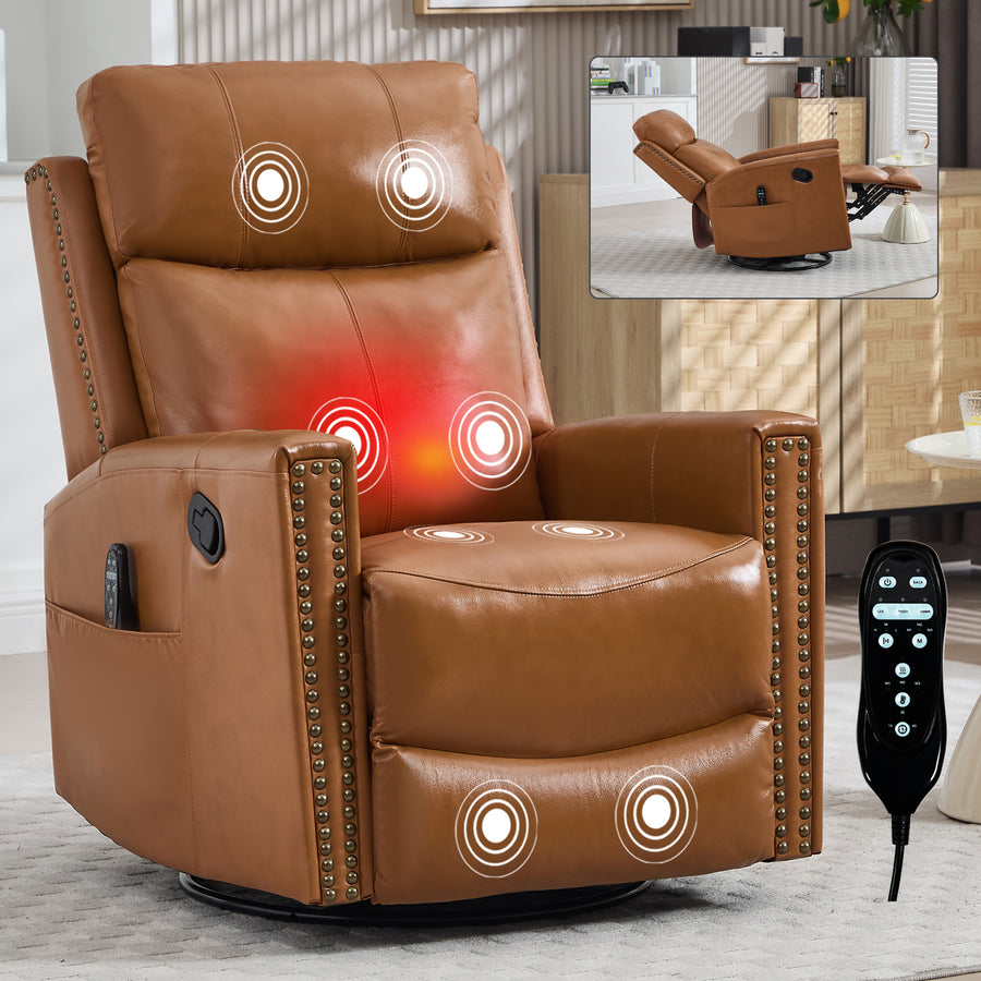 Orange Gnuine Leather Heat Massage Manual Recliner Chair with Rocker and Swivel - primary color shot