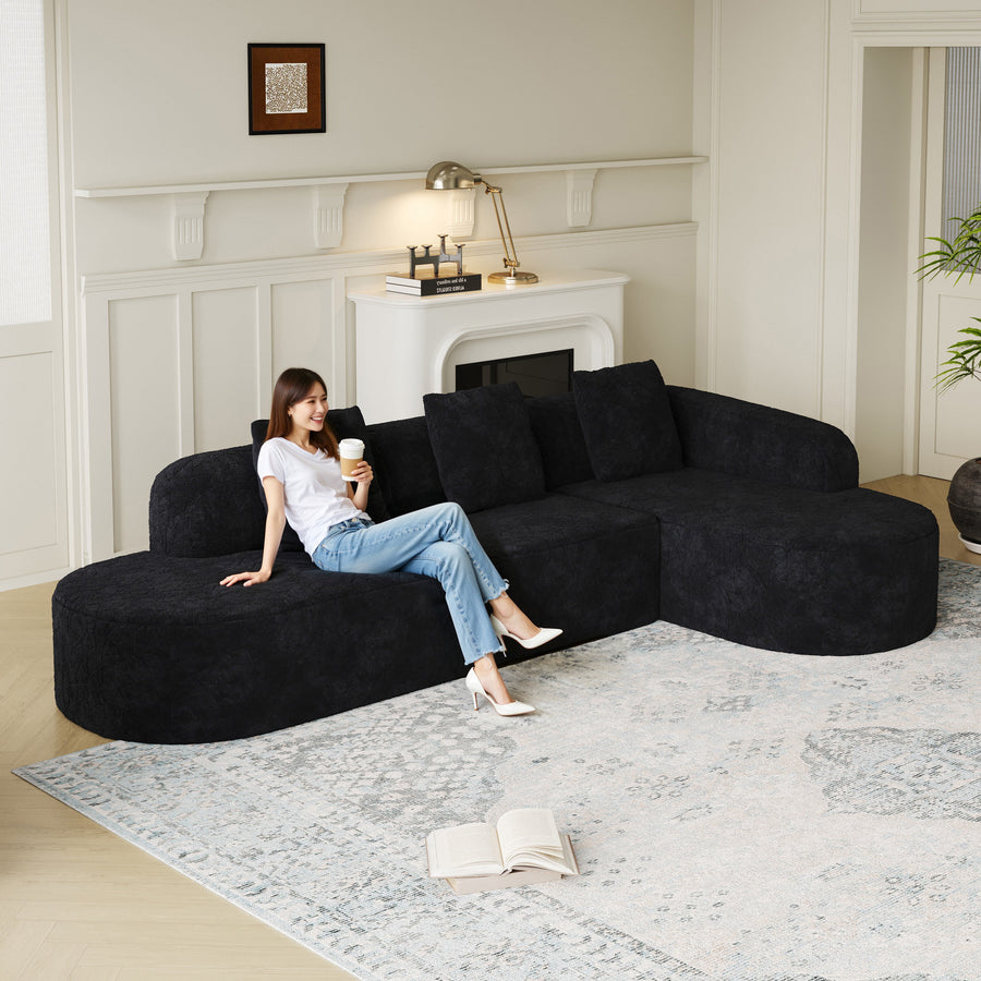 111.8-inch L-shaped curved modular sofa, modern design featuring lychee-textured long-pile polyester fabric, curved backrest with three pillows - primary color shot