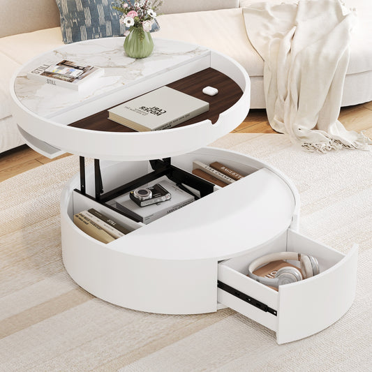 White Round Lift Coffee Table with 1 Drawer in 29.5', Marble and Wood Grain Tabletop