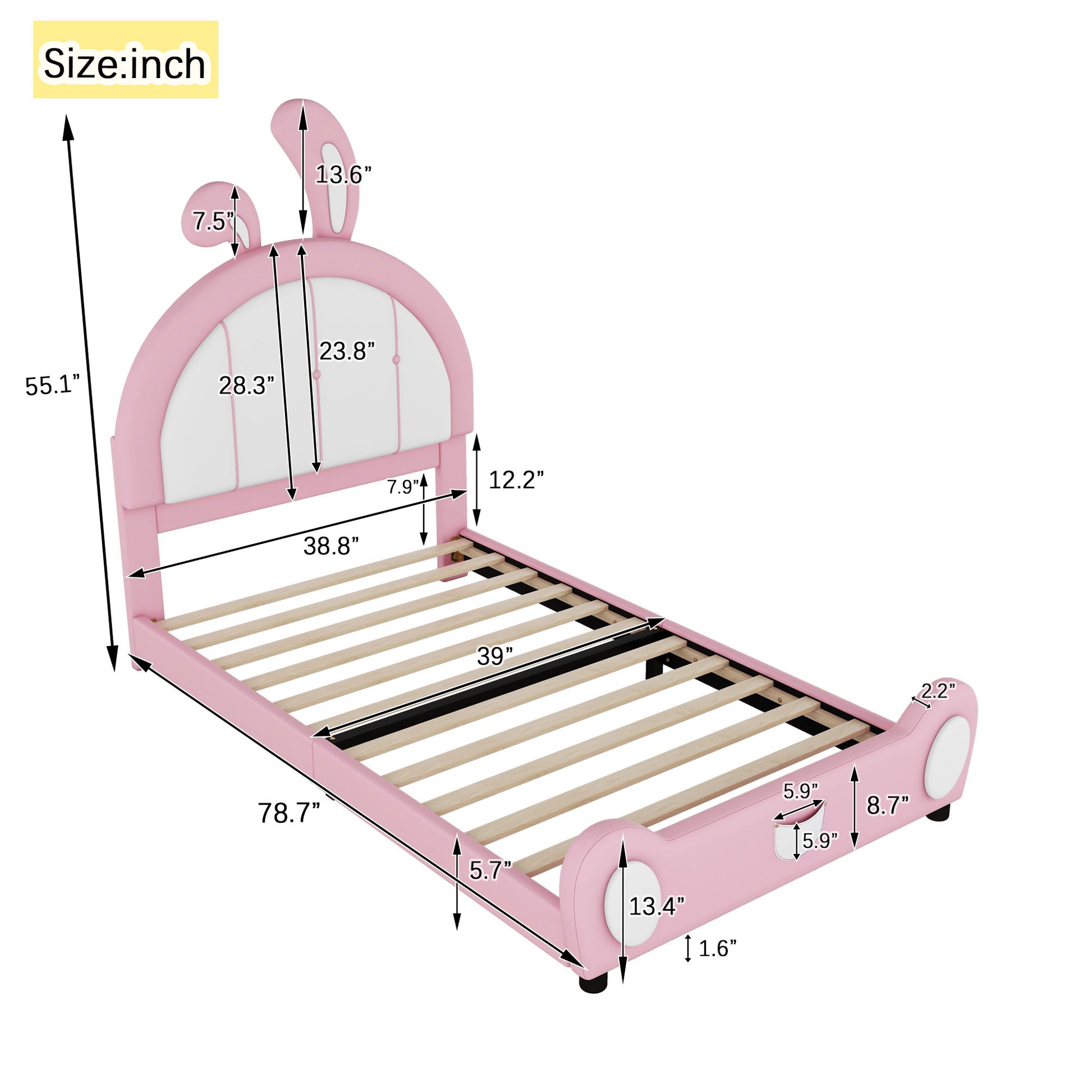 Allison Twin Size Upholstered Platform Bed with Rabbit Shaped Headboard, Pink