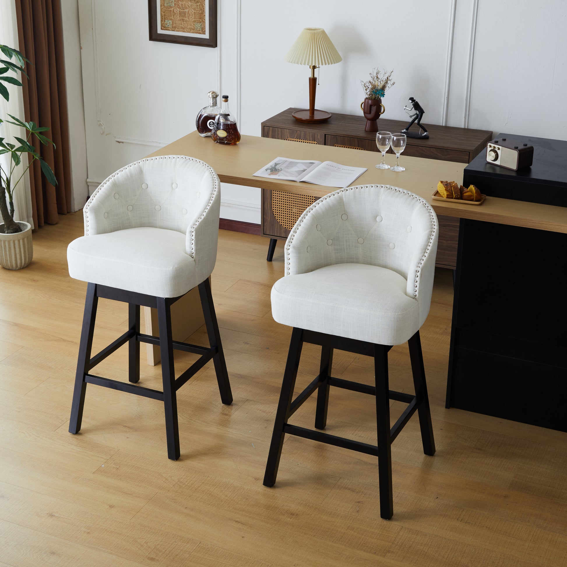 Sunniva 33.25' Swivel Bar Stools with Black Legs Set of 2 Beige