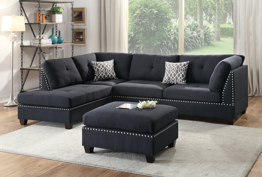 3-pcs Sectional Sofa Black Polyfiber Cushion Sofa Chaise Ottoman Reversible Couch Pillows - primary color shot
