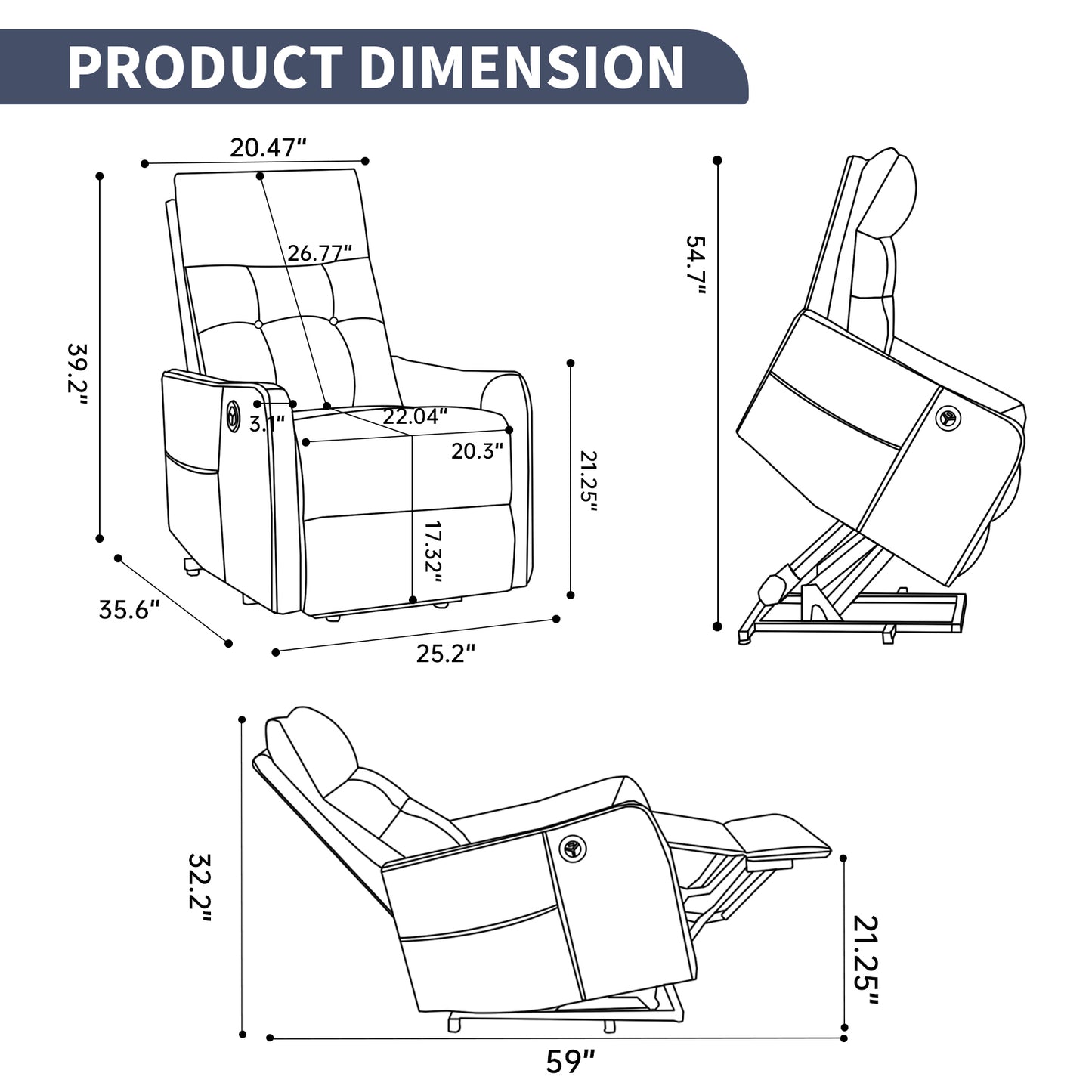 Deep Blue PU Single Motor Power Lift Recliner Chair with Massage and Heat for Elderly - detail view 3