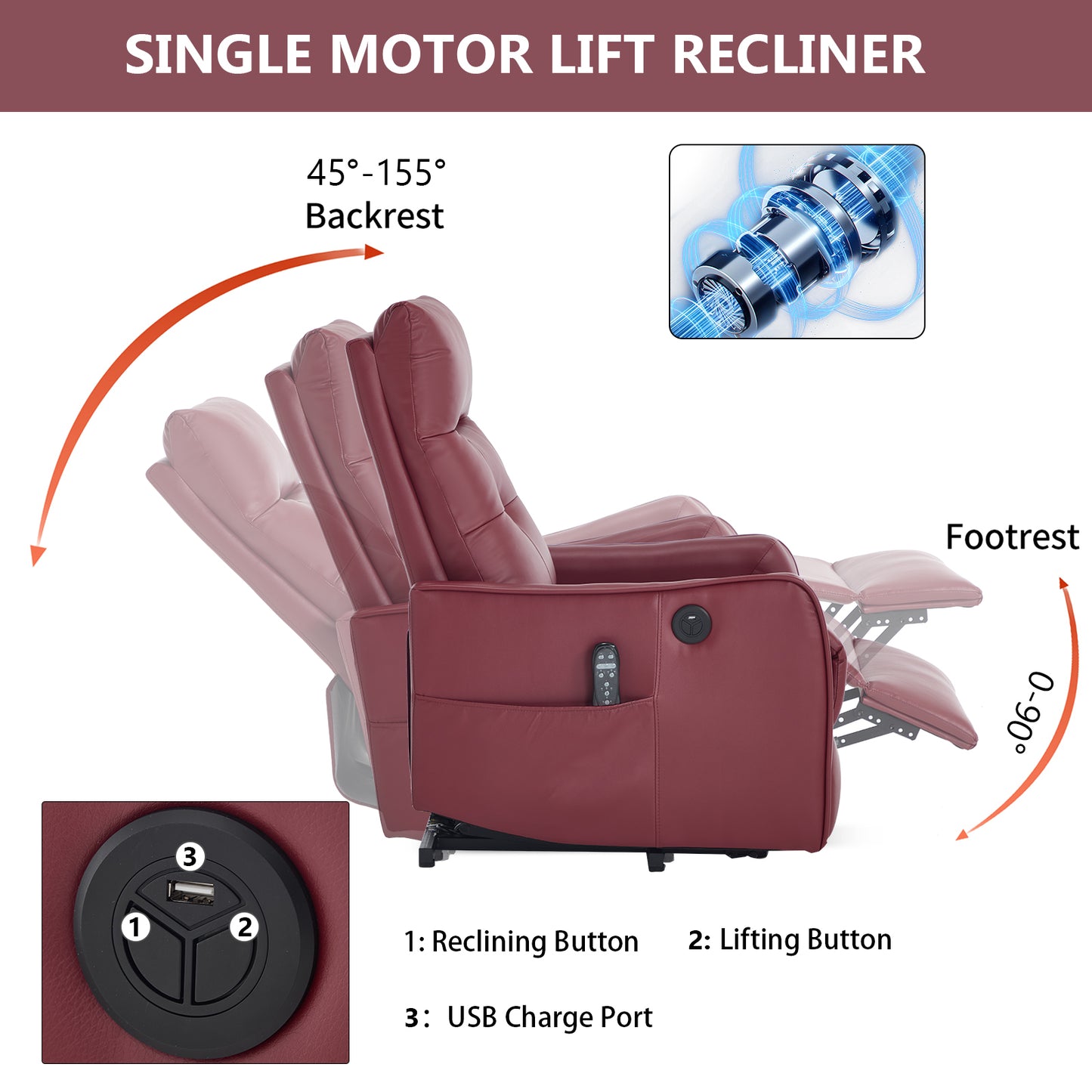 Wine Red PU Single Motor Power Lift Recliner Chair with Massage and Heat for Elderly - detail view 5