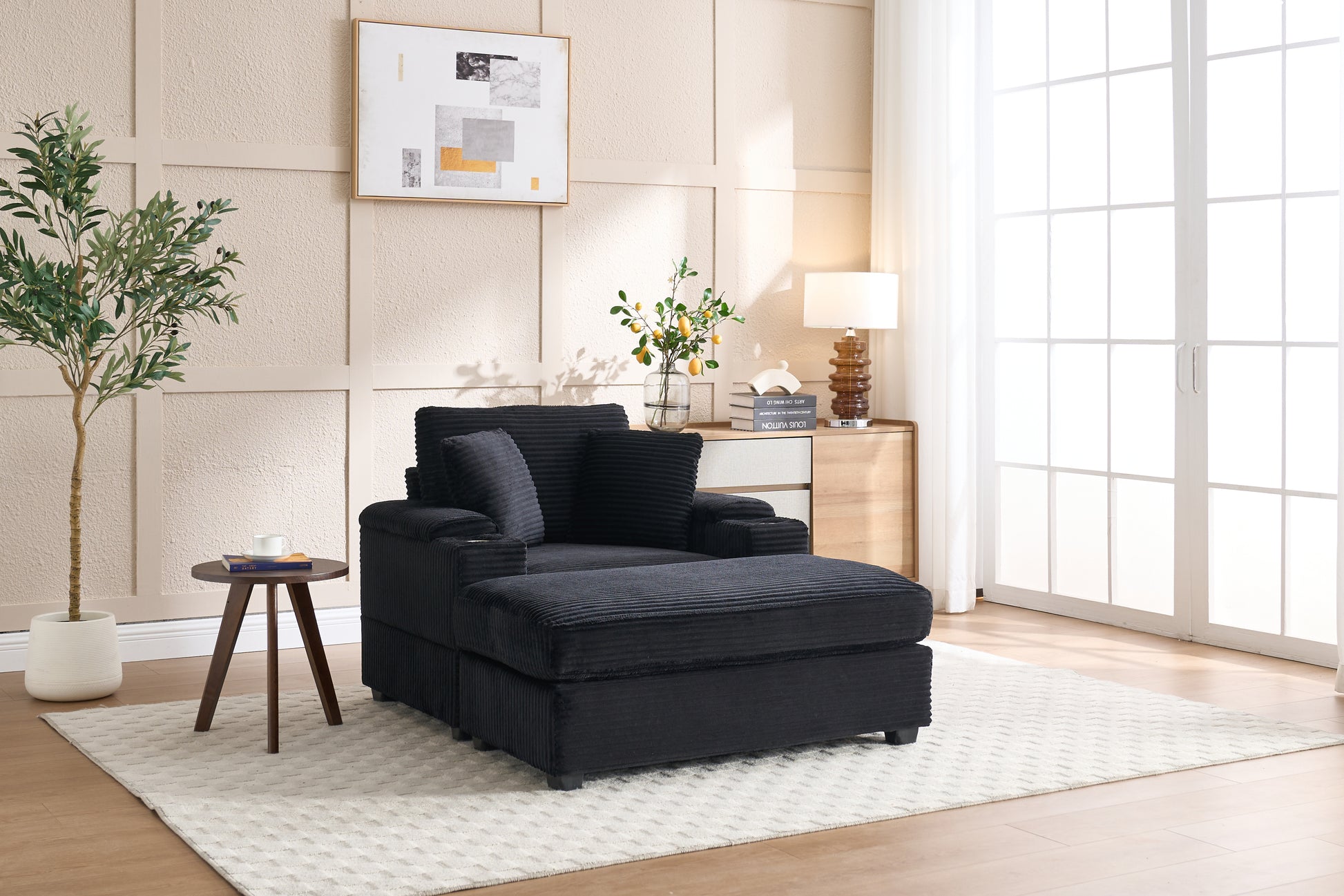 [video/new]corduroy Upholstered Chaise Lounge Sofa with Handrail Storage - Black - detail view 2